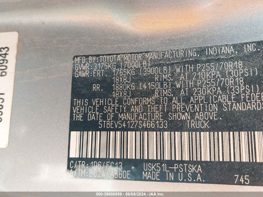 2007 Toyota Tundra Sr5 5.7L V8 VIN: 5TBEV54127S466133 Lot: 39588559