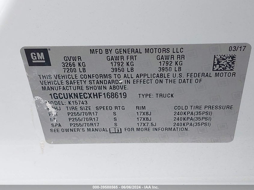 2017 Chevrolet Silverado 1500 Wt VIN: 1GCUKNECXHF168619 Lot: 39588565