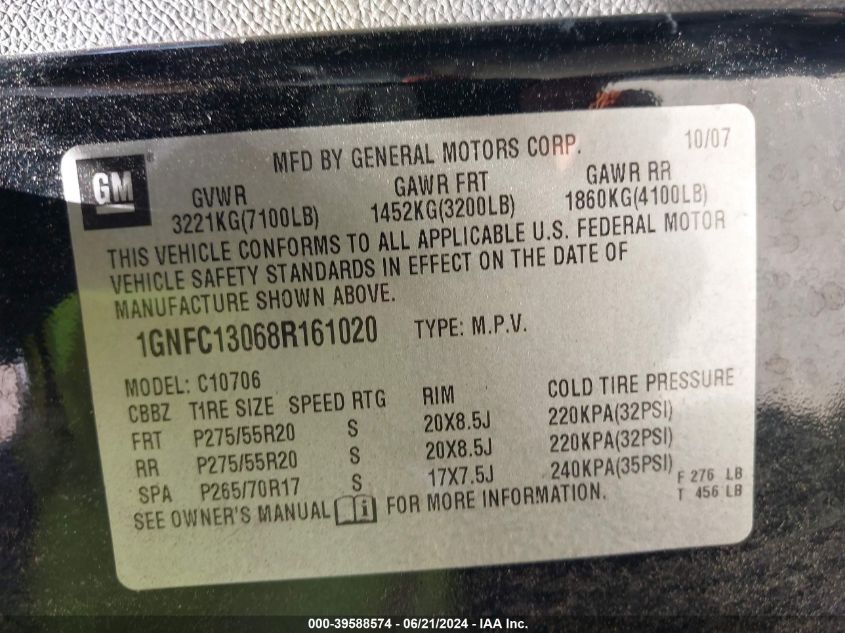 2008 Chevrolet Tahoe Lt VIN: 1GNFC13068R161020 Lot: 39588574