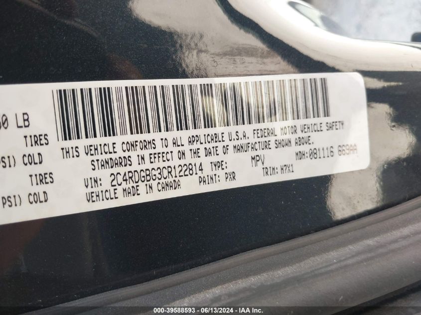 2012 Dodge Grand Caravan Se/Avp VIN: 2C4RDGBG3CR122814 Lot: 39588593