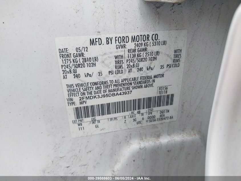 2013 Ford Edge Sel VIN: 2FMDK3J95DBA43937 Lot: 39588603