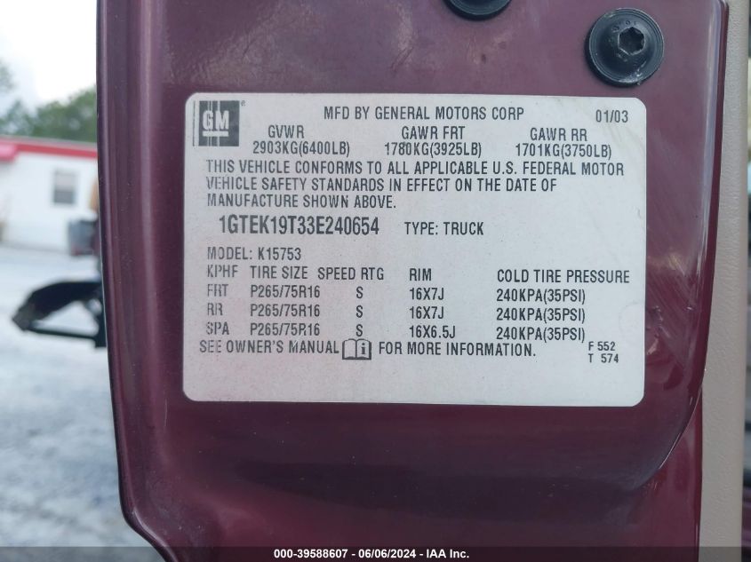 2003 GMC Sierra 1500 Slt VIN: 1GTEK19T33E240654 Lot: 39588607