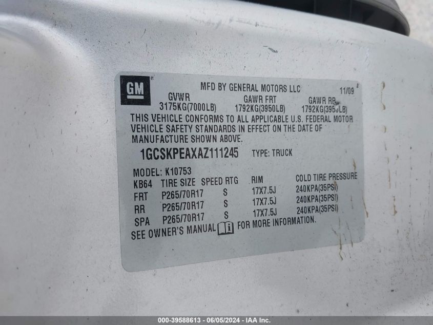 2010 Chevrolet Silverado 1500 Work Truck VIN: 1GCSKPEAXAZ111245 Lot: 39588613