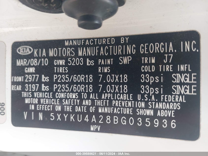 2011 Kia Sorento Ex V6 VIN: 5XYKU4A28BG035936 Lot: 39588621