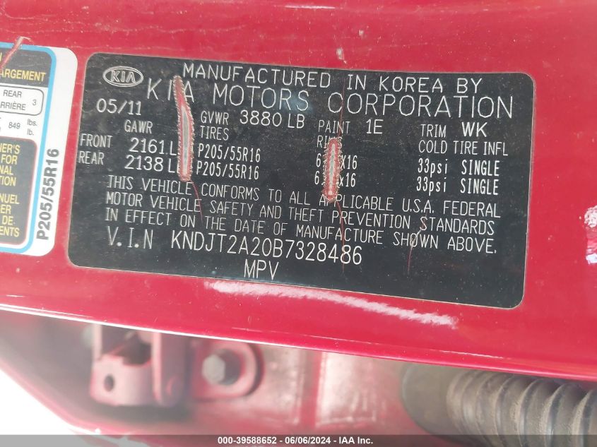 2011 Kia Soul + VIN: KNDJT2A20B7328486 Lot: 39588652
