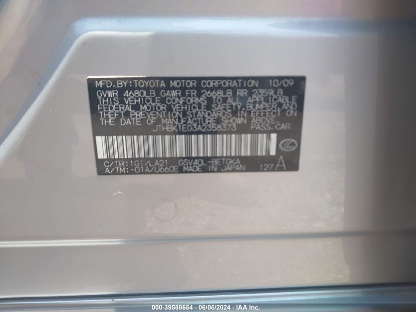 2010 Lexus Es 350 VIN: JTHBK1EG3A2358373 Lot: 39588654