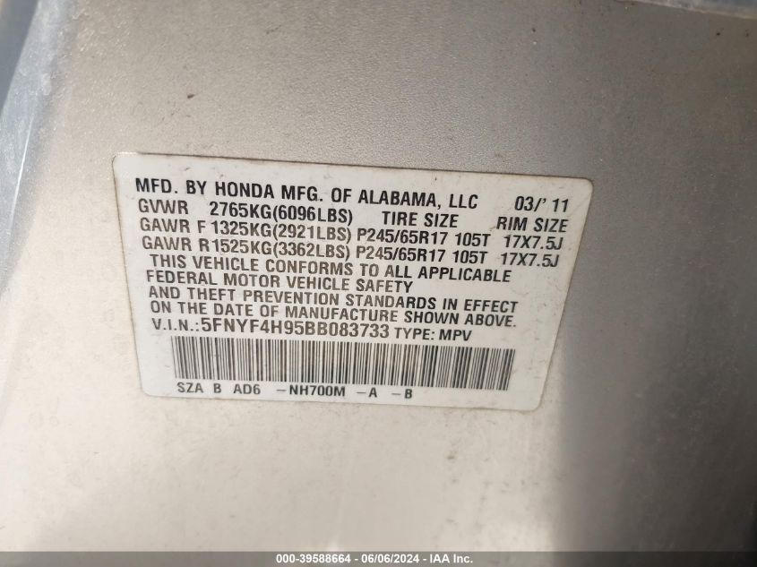 2011 Honda Pilot Touring VIN: 5FNYF4H95BB083733 Lot: 39588664