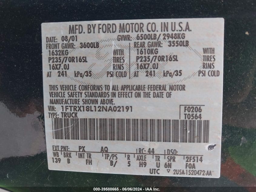 2002 Ford F-150 Lariat/Xl/Xlt VIN: 1FTRX18L12NA02191 Lot: 39588665