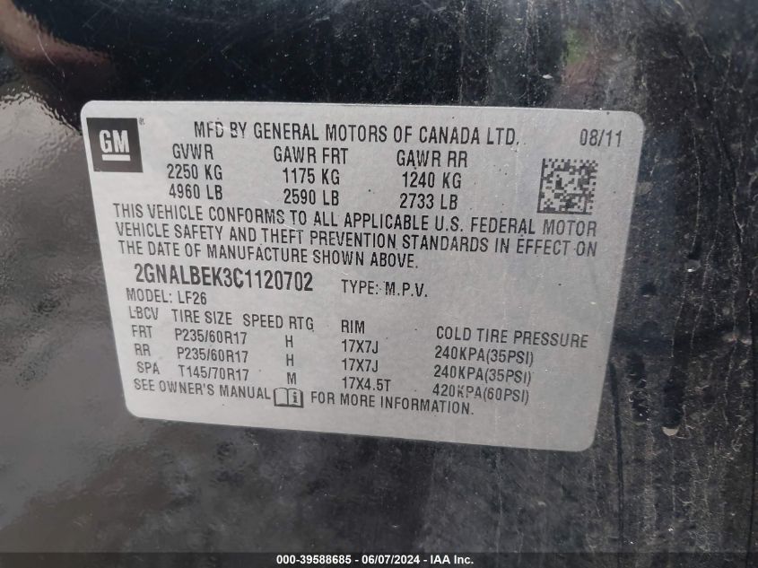 2012 Chevrolet Equinox Ls VIN: 2GNALBEK3C1120702 Lot: 39588685