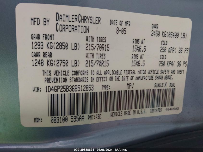 2006 Dodge Caravan Se VIN: 1D4GP25B36B512853 Lot: 39588694