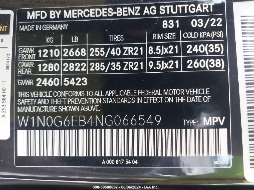 2022 Mercedes-Benz Amg Glc 43 4Matic VIN: W1N0G6EB4NG066549 Lot: 39588697