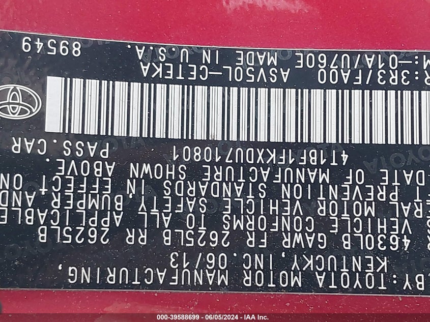 2013 Toyota Camry L VIN: 4T1BF1FKXDU710801 Lot: 39588699