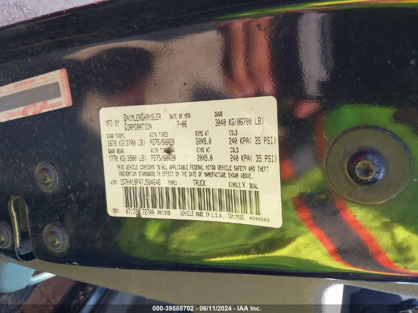 2007 Dodge Ram 1500 Slt VIN: 1D7HA18P47J504648 Lot: 39588702