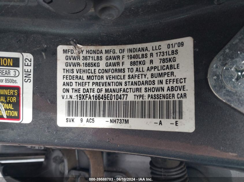 2009 Honda Civic Lx-S VIN: 19XFA16649E010477 Lot: 39588703