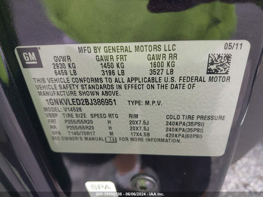 2011 Chevrolet Traverse Ltz VIN: 1GNKVLED2BJ386951 Lot: 39588708