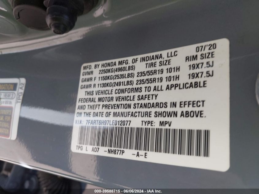 2020 Honda Cr-V Hybrid Touring VIN: 7FART6H97LE012077 Lot: 39588715