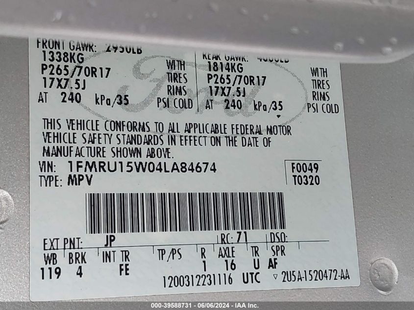 2004 Ford Expedition Xlt VIN: 1FMRU15W04LA84674 Lot: 39588731