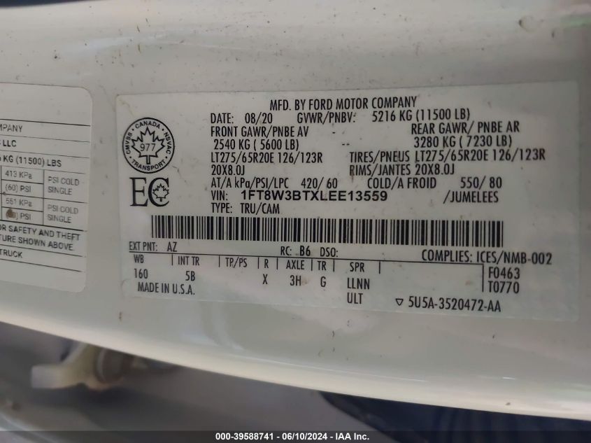 2020 Ford F-350 Lariat VIN: 1FT8W3BTXLEE13559 Lot: 39588741