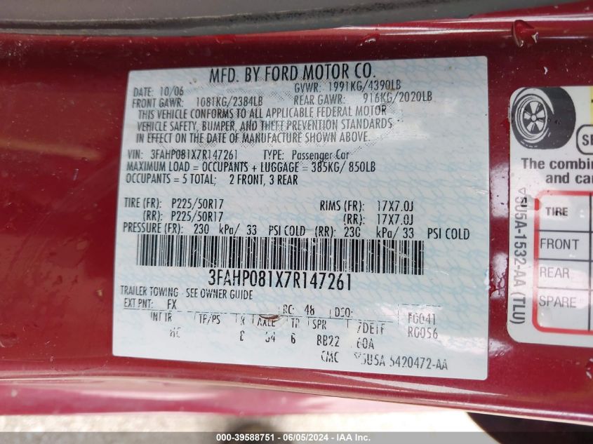 2007 Ford Fusion Sel VIN: 3FAHP081X7R147261 Lot: 39588751