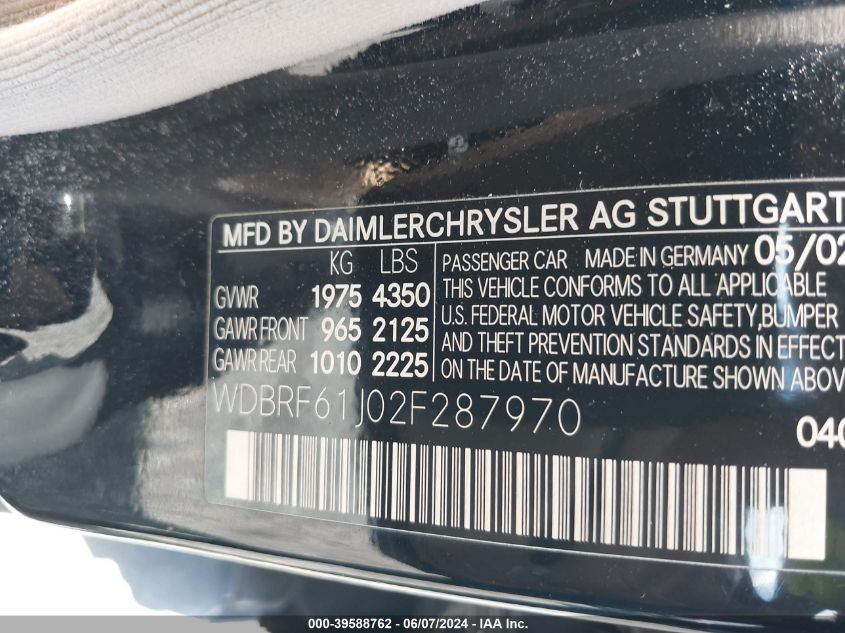 2002 Mercedes-Benz C 240 VIN: WDBRF61J02F287970 Lot: 39588762