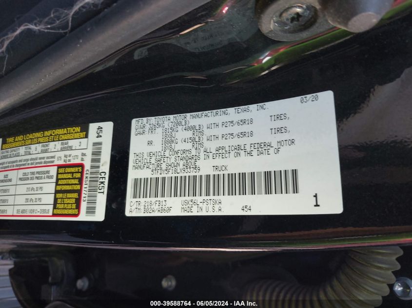 2020 Toyota Tundra Sr5 VIN: 5TFDY5F18LX933759 Lot: 39588764