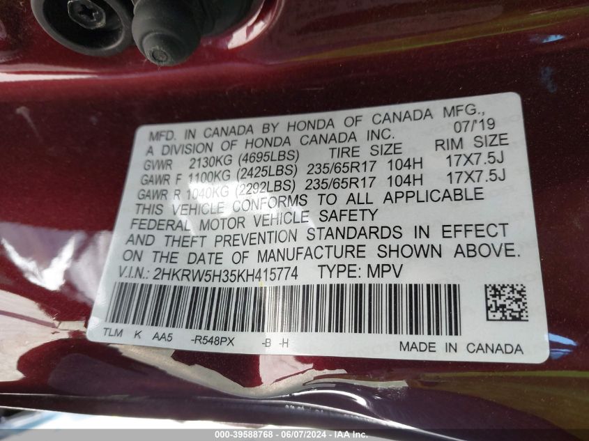 2019 Honda Cr-V Lx VIN: 2HKRW5H35KH415774 Lot: 39588768
