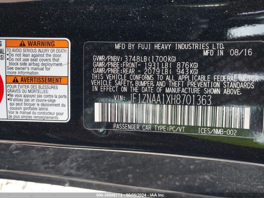 2017 Toyota 86 VIN: JF1ZNAA1XH8701363 Lot: 39588773