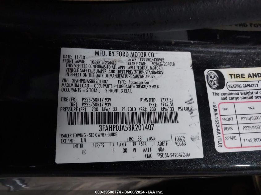 2011 Ford Fusion Sel VIN: 3FAHP0JA5BR201407 Lot: 39588774