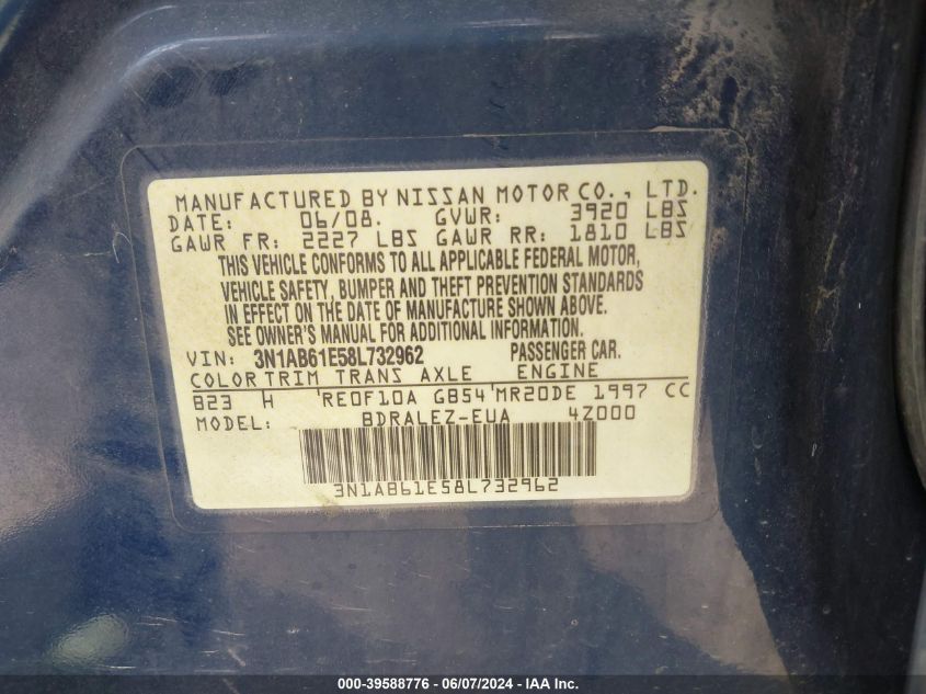2008 Nissan Sentra 2.0S VIN: 3N1AB61E58L732962 Lot: 39588776
