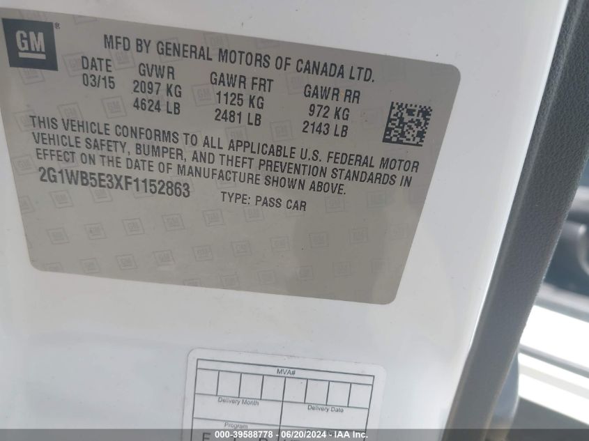 2015 Chevrolet Impala Limited Lt VIN: 2G1WB5E3XF1152863 Lot: 39588778