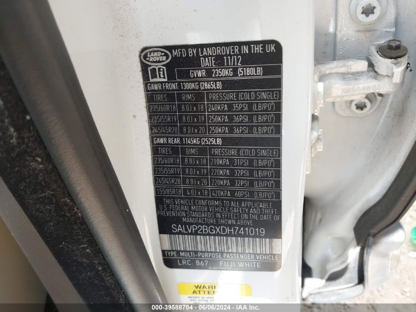 2013 Land Rover Range Rover Evoque Pure VIN: SALVP2BGXDH741019 Lot: 39588784