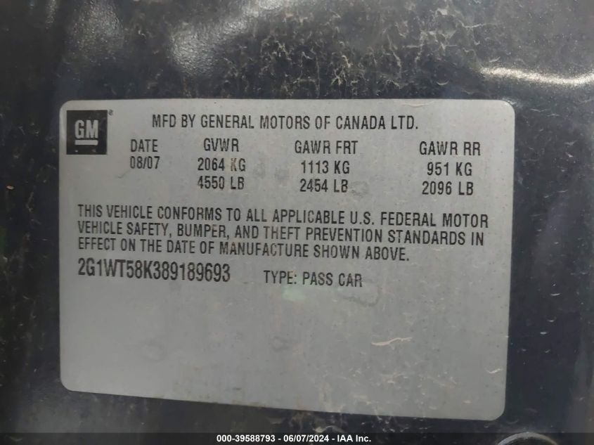 2008 Chevrolet Impala Lt VIN: 2G1WT58K389189693 Lot: 39588793