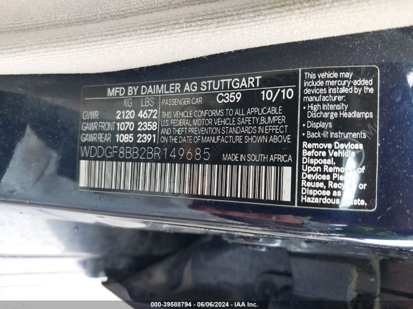 2011 Mercedes-Benz C 300 Luxury 4Matic/Sport 4Matic VIN: WDDGF8BB2BR149685 Lot: 39588794