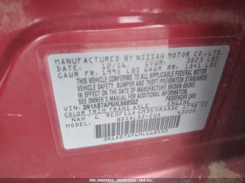 2017 Nissan Sentra Sv VIN: 3N1AB7AP6HL668552 Lot: 39588803