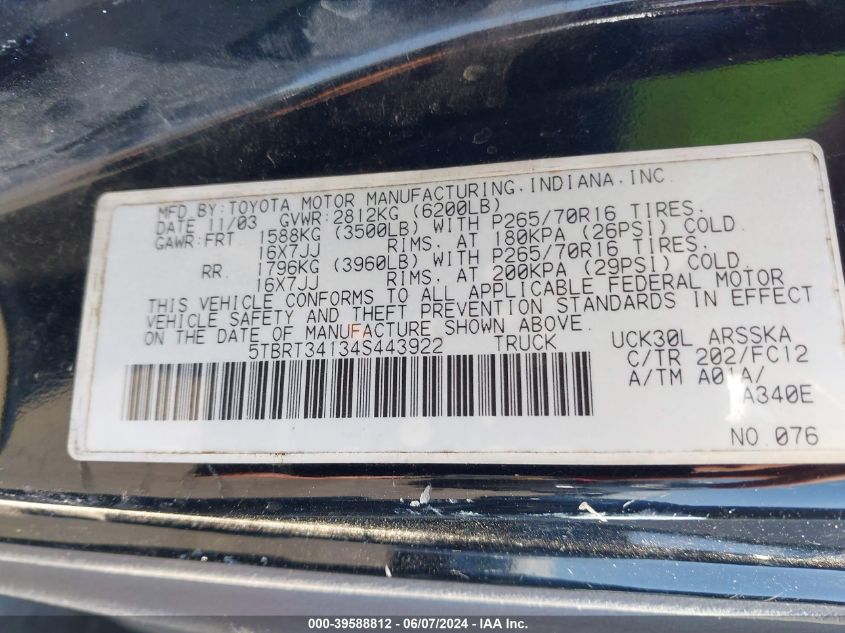 2004 Toyota Tundra Sr5 V8 VIN: 5TBRT34134S443922 Lot: 39588812