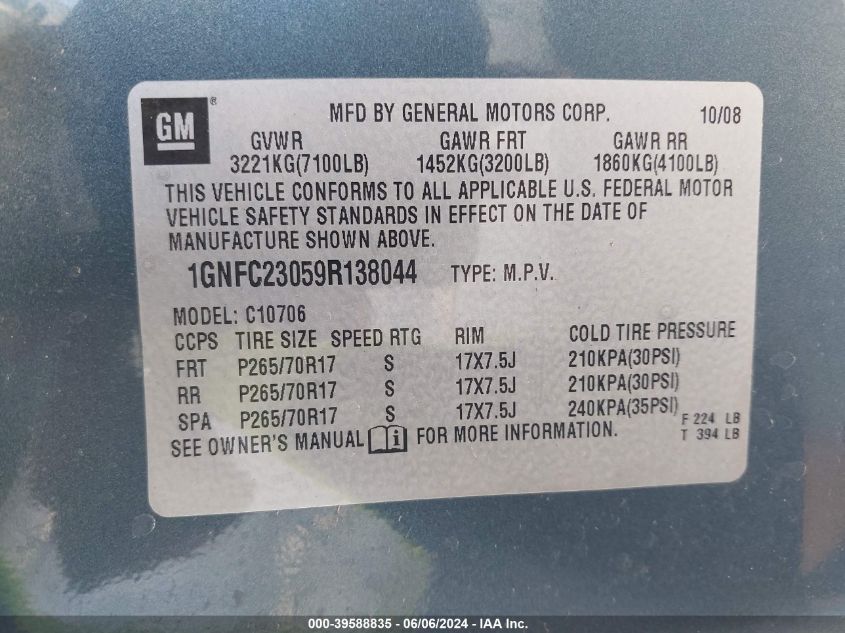 2009 Chevrolet Tahoe Lt1 VIN: 1GNFC23059R138044 Lot: 39588835