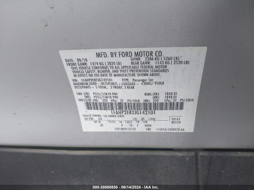 2018 Ford Taurus Sel VIN: 1FAHP2E82JG142101 Lot: 39588858