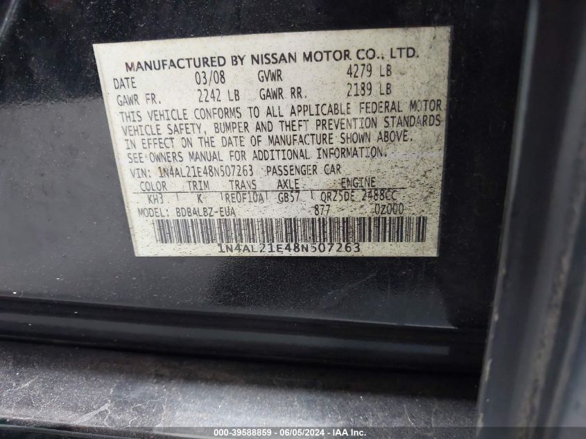 2008 Nissan Altima 2.5 S VIN: 1N4AL21E48N507263 Lot: 39588859