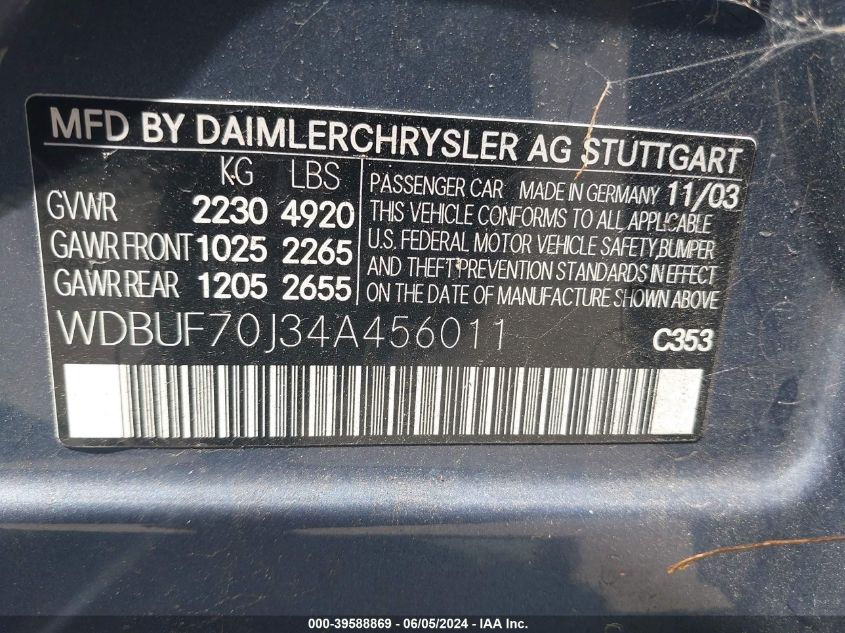 2004 Mercedes-Benz E 500 VIN: WDBUF70J34A456011 Lot: 39588869