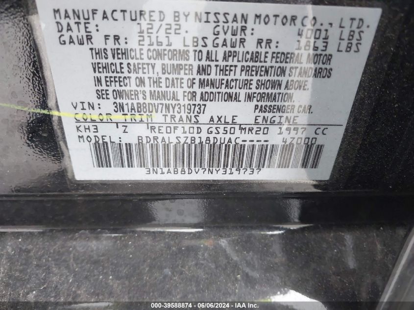 2022 Nissan Sentra Sr Xtronic Cvt VIN: 3N1AB8DV7NY319737 Lot: 39588874