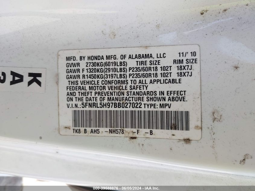 2011 Honda Odyssey Touring/Touring Elite VIN: 5FNRL5H97BB027022 Lot: 39588876