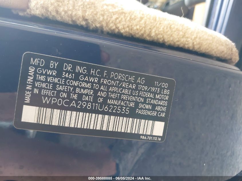 2001 Porsche Boxster VIN: WP0CA29811U622535 Lot: 39588885