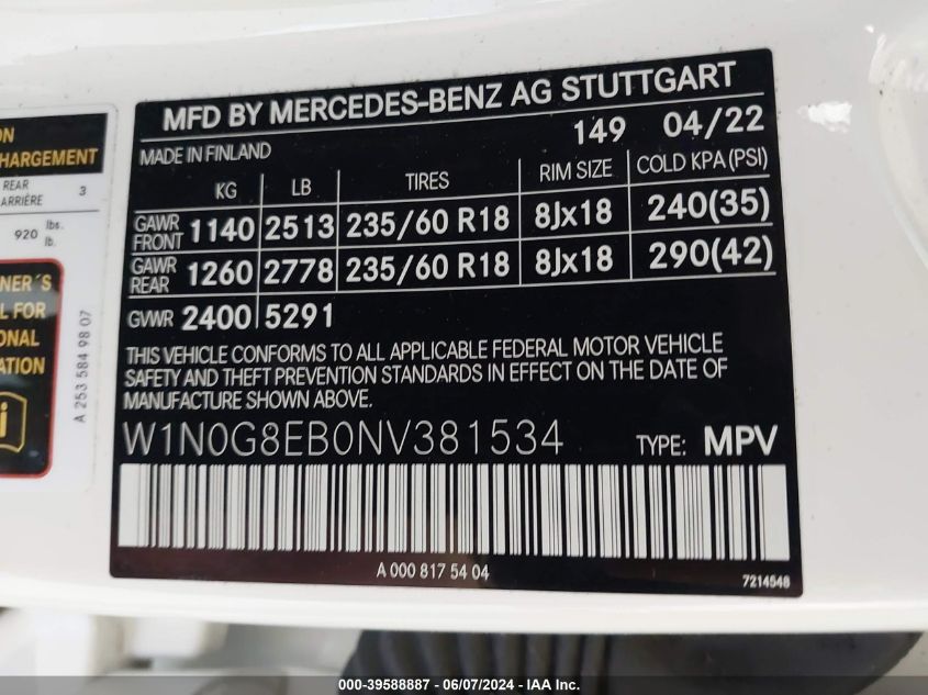 2022 Mercedes-Benz Glc 300 4Matic Suv VIN: W1N0G8EB0NV381534 Lot: 39588887