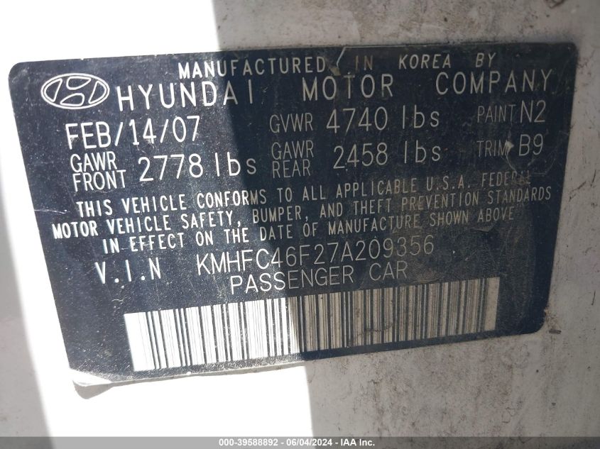 2007 Hyundai Azera Limited/Se VIN: KMHFC46F27A209356 Lot: 39588892