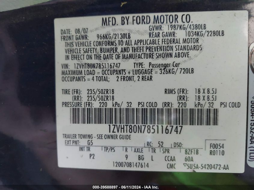 2008 Ford Mustang V6 Deluxe/V6 Premium VIN: 1ZVHT80N785116747 Lot: 39588897