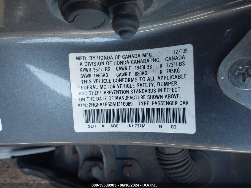 2010 Honda Civic Lx VIN: 2HGFA1F50AH316089 Lot: 39588903