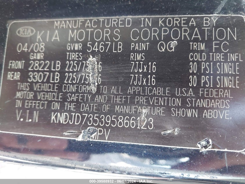 2009 Kia Sorento Lx VIN: KNDJD735395866123 Lot: 39588932