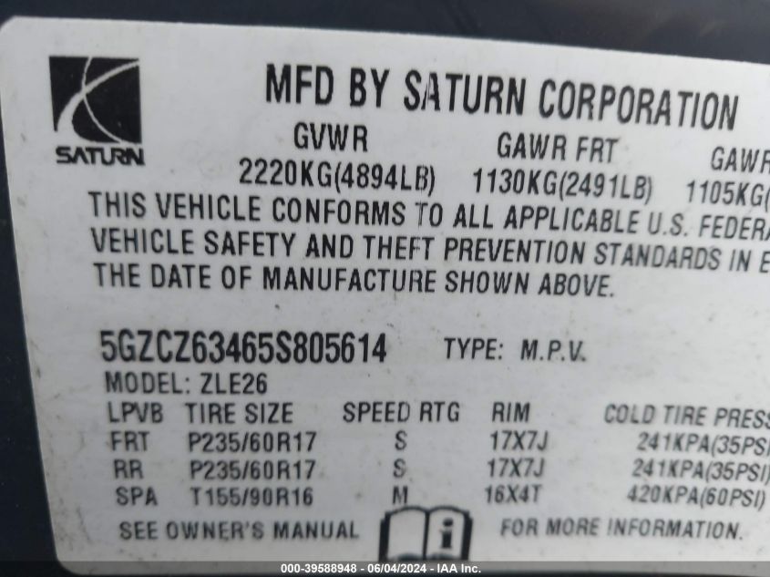 2005 Saturn Vue V6 VIN: 5GZCZ63465S805614 Lot: 39588948