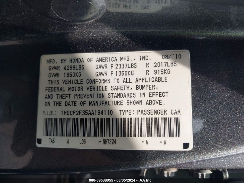 2010 Honda Accord 2.4 Lx VIN: 1HGCP2F35AA194110 Lot: 39588955