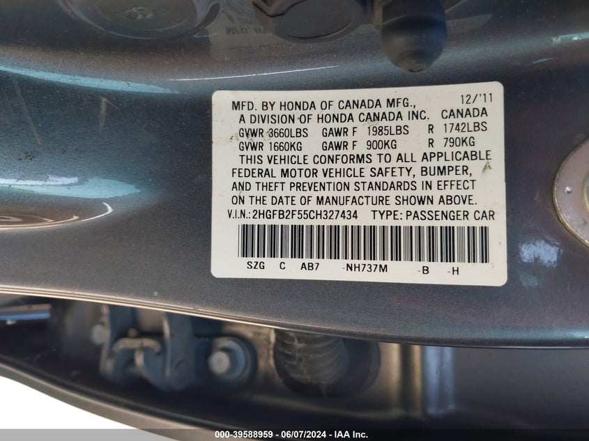 2012 Honda Civic Lx VIN: 2HGFB2F55CH327434 Lot: 39588959